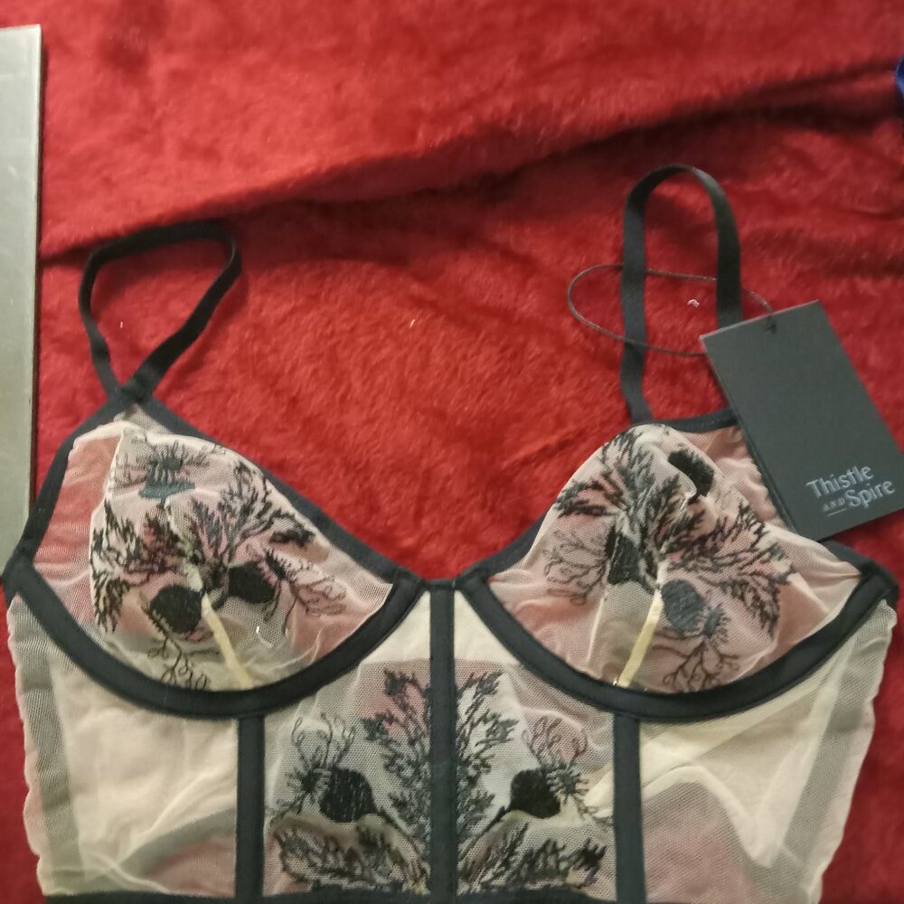 Thistle and Spire Verona Longline bra sheer w/ black floral embroidery multi szs